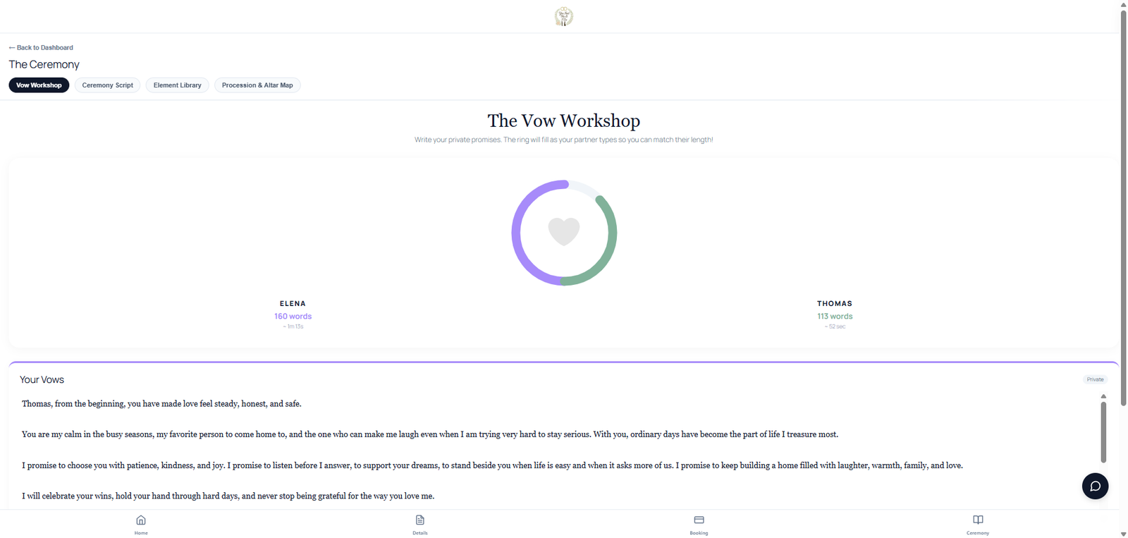 Vow Workshop — private vow writing with length comparison in the couple portal